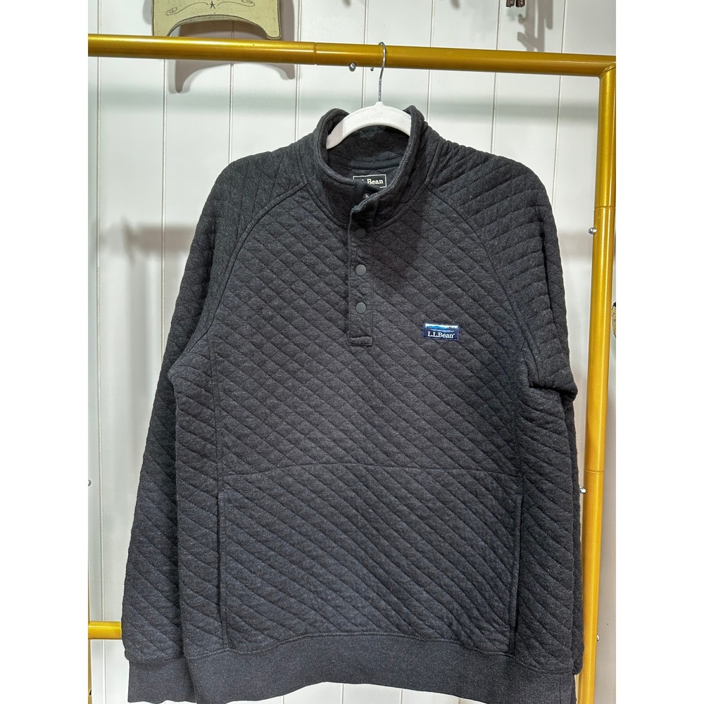 LL Bean Mens Quilted Quarter Snap Pullover Sweatshirt Charcoal Gray Heather XL